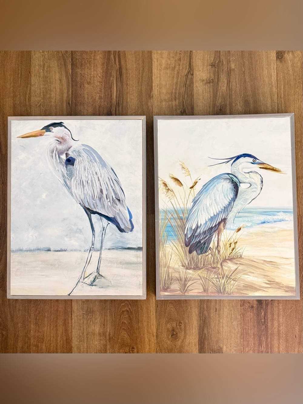 Great Blue Heron Set Floating Framed Large Canvas 18x24 Coastal Beach